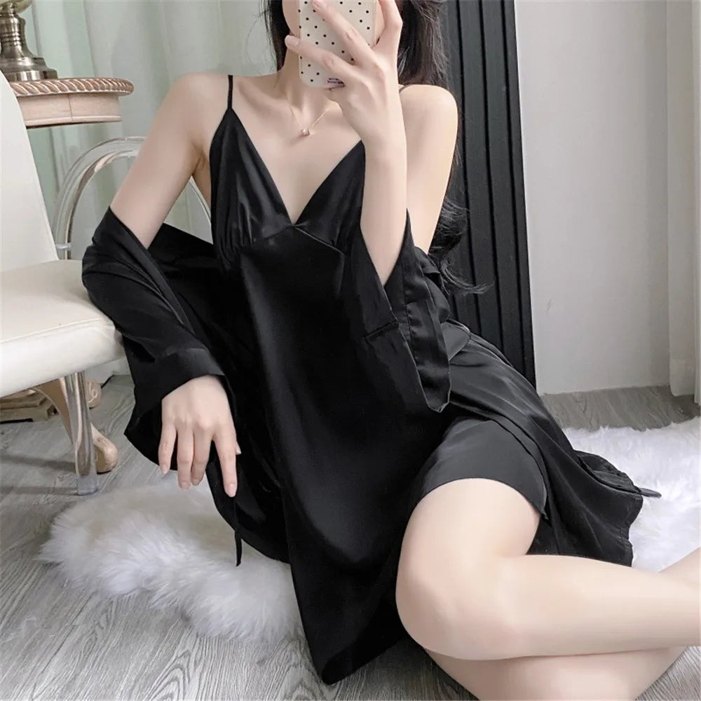 2 Pcs Nighty&Bathrobe Sets Bride Bridesmaid Wedding Robe Gown Womens Sleepwear With Belt Nightgown Loose Kimono