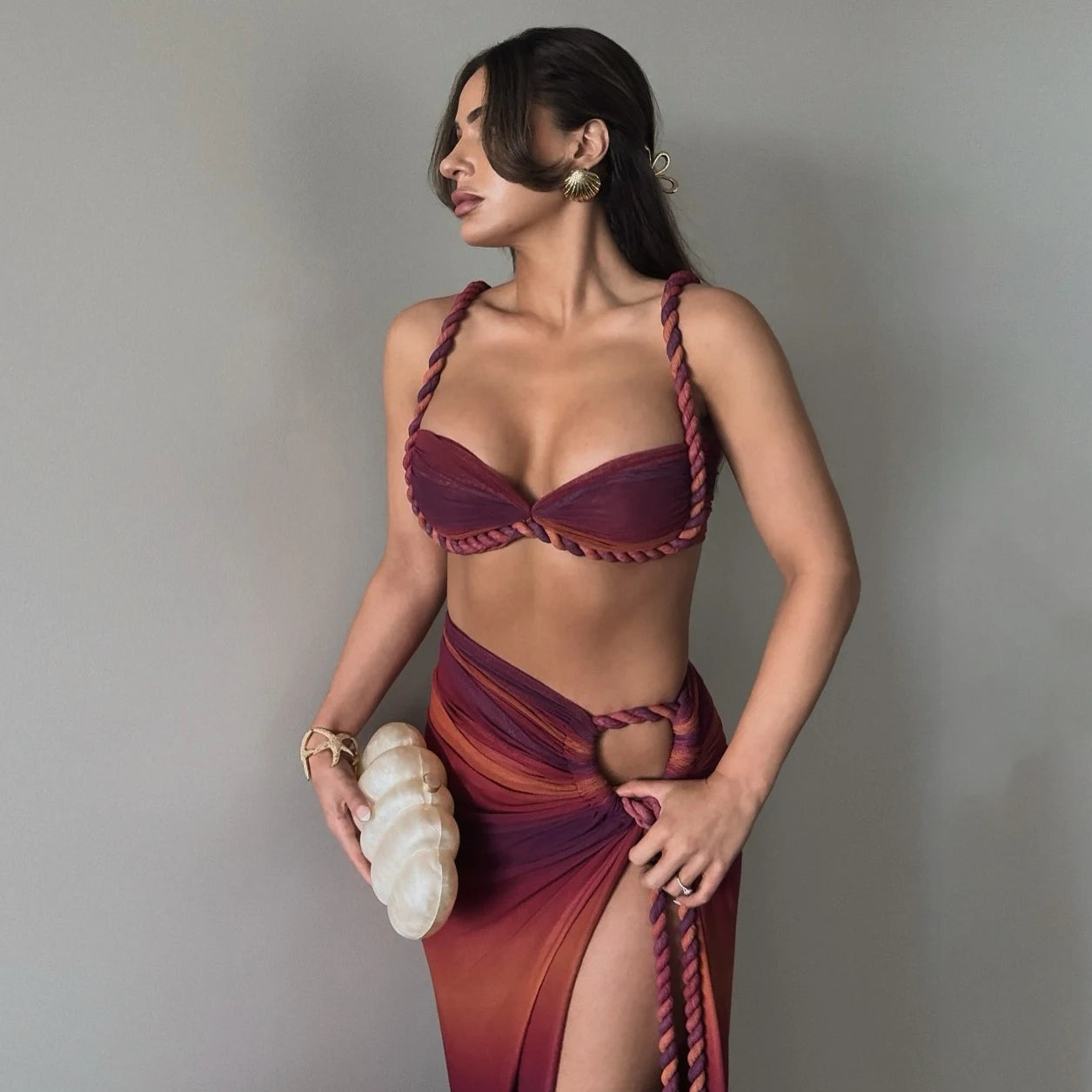 Sexy 3 Pieces Bikini Set With Cover Up Push Up Bikinis Women Swimsuit Female Swimwear Long Skirt Halter Bathing Suit Beachwea
