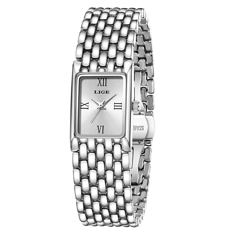 LIGE Silver Watch for Women Square Ladies Quartz Wristwatches Stainless Steel Women Small Gold Watch Luxury Casual Fashion Watch