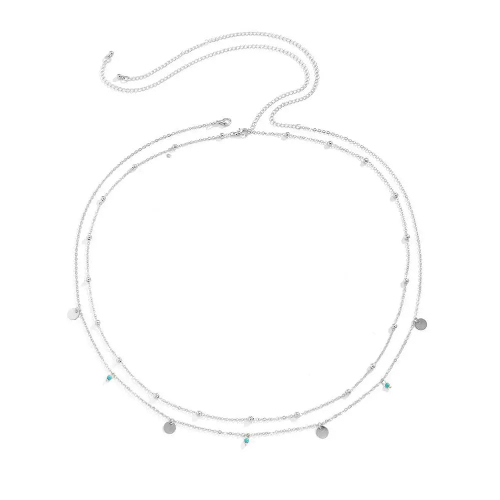 Boho Minimalism Multilayer Waist Beads Simple Tassel Sequin Waist Chain Leisure Hip-hop Double-layer Turquoise Body Waist Chain