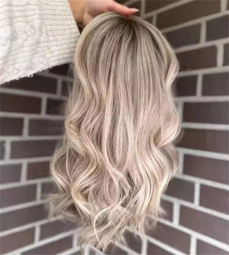 Invisible Transparent Lace Ombre Platinum Blonde Wig with Dark Roots Party Wigs Lace Front Wig Synthetic HD Wigs For Women 20''
