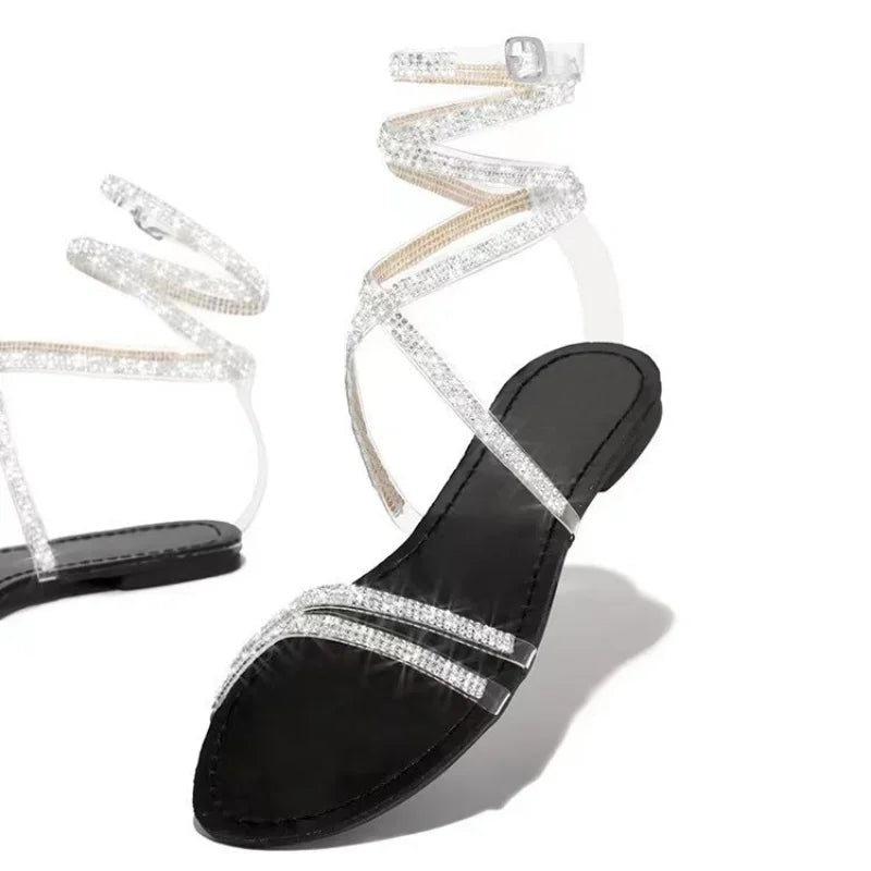 Shiny Rhinestone Women Sandals Gladiator Flat Heel Lace Up Ladies Platform Party Wedding Shoes Ankle Strap Sexy Zapatos De Mujer