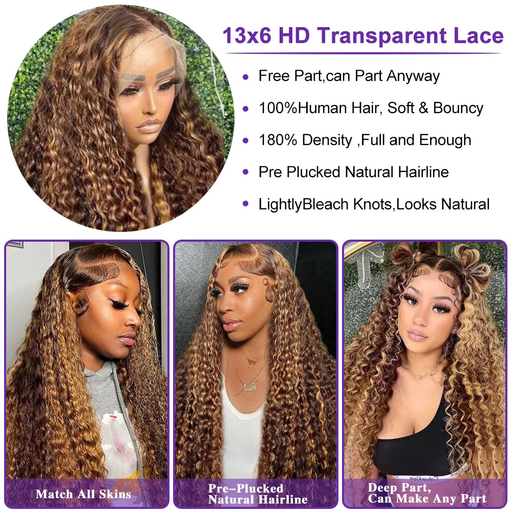 13x6/13X4 HD Lace Frontal Wig Honey Blonde Highlight Deep Wave Wigs 100%Human Hair Wig 13x4 Lace Front Human Hair Wigs For Women