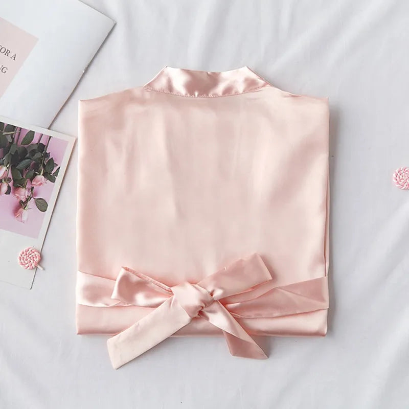 Embroidered Satin Silk Robe Cami Slip Set – Bridal Bridesmaid Wedding Sleepwear Nightdress for Women