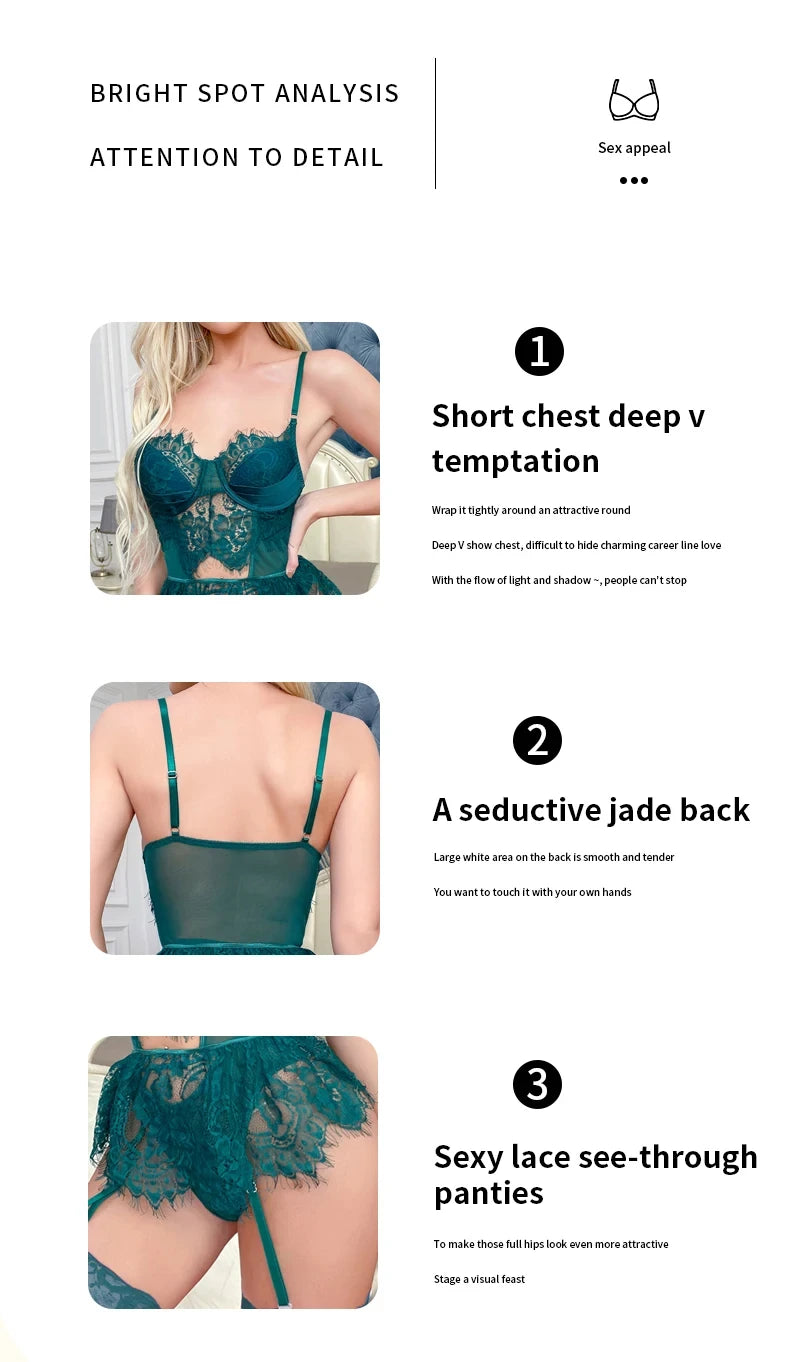 Sexy Lace Erotic Lingerie Women's Underwear Set Lace Mesh See-through 3-piece Set Sexy Babydoll Dress Suit with Stocking Garters