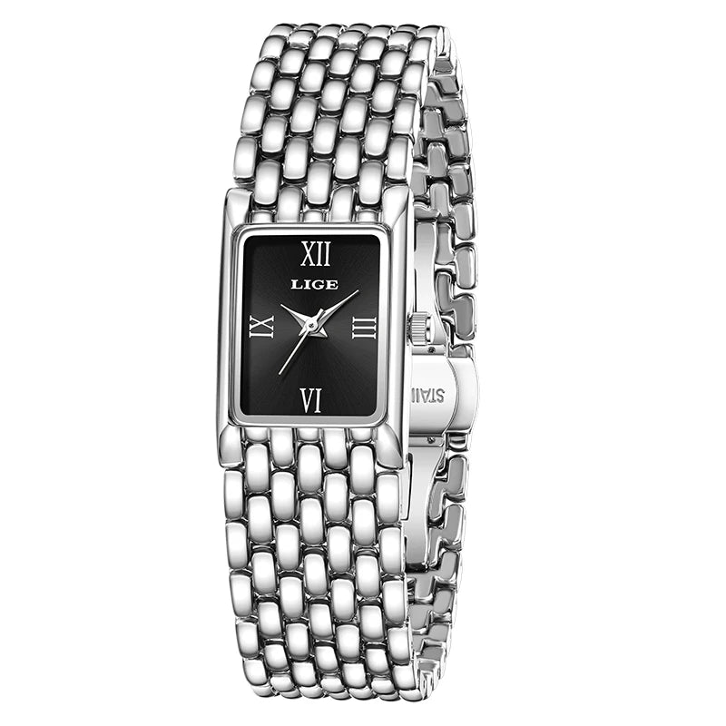 LIGE Silver Watch for Women Square Ladies Quartz Wristwatches Stainless Steel Women Small Gold Watch Luxury Casual Fashion Watch