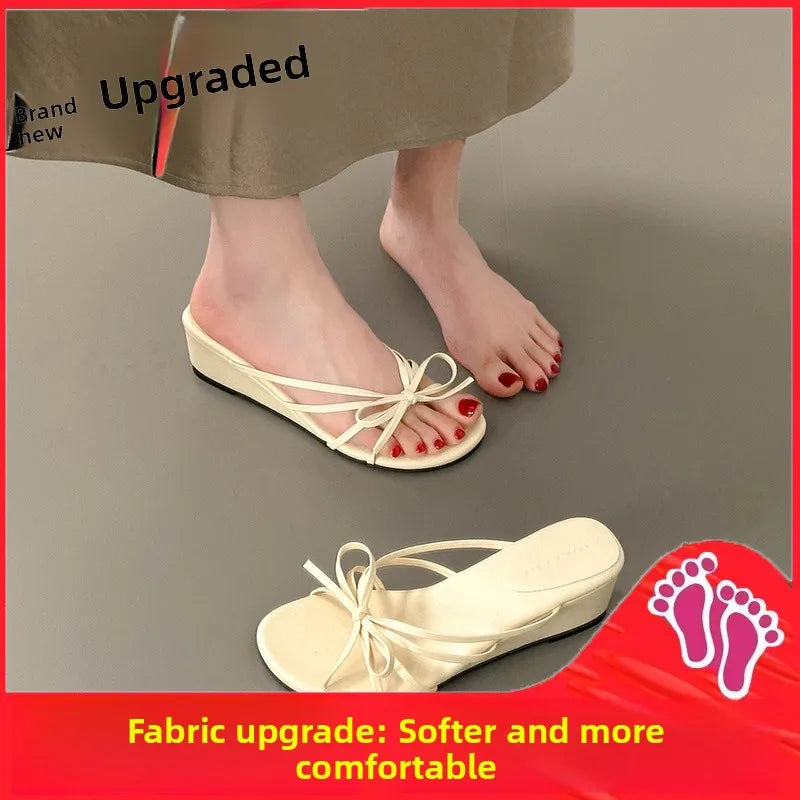 Women's Thick Heel Sandals Summer Outdoor Wear  Knot Slip-On Shoes Beach Vacation Heightening Beautiful Cool Sandals
