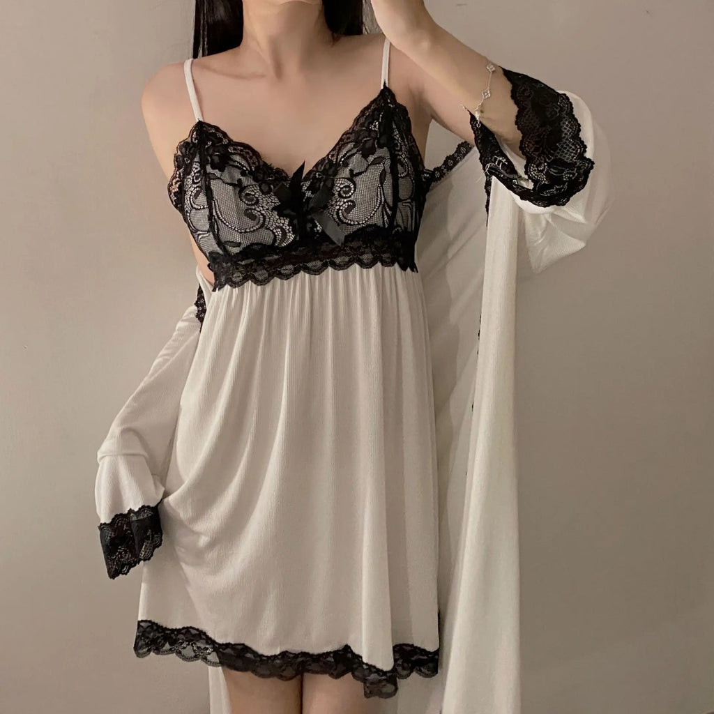 Modal Nightgowns Women Autumn Winter Sleepwear Two Piece Set Lace Sexy Long Sleeve Home Wear Clothing Casual Ladies Nightdress