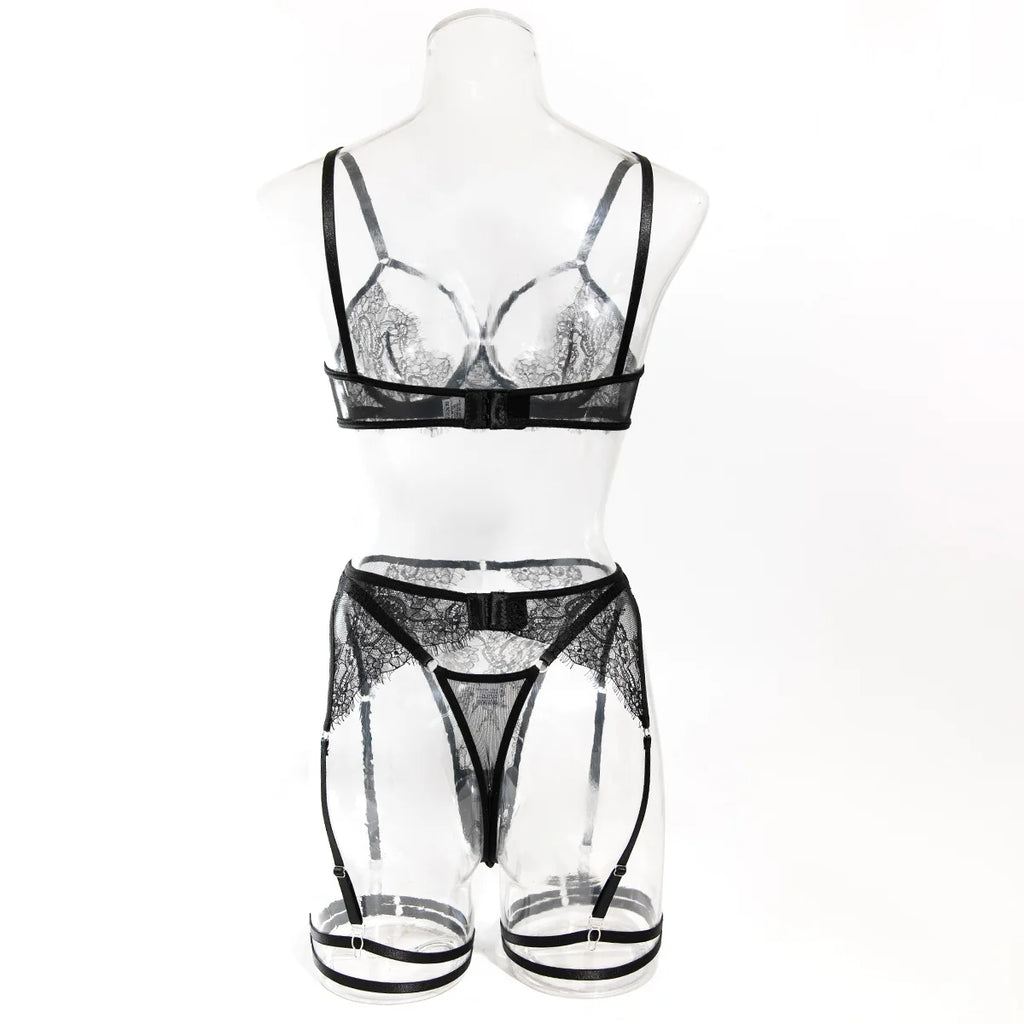 French Lace Lingerie Set 4-Piece Sexy Erotic Underwear with Sheer Bra & Garter Belt Hollow Out Seductive Matching Set for Women