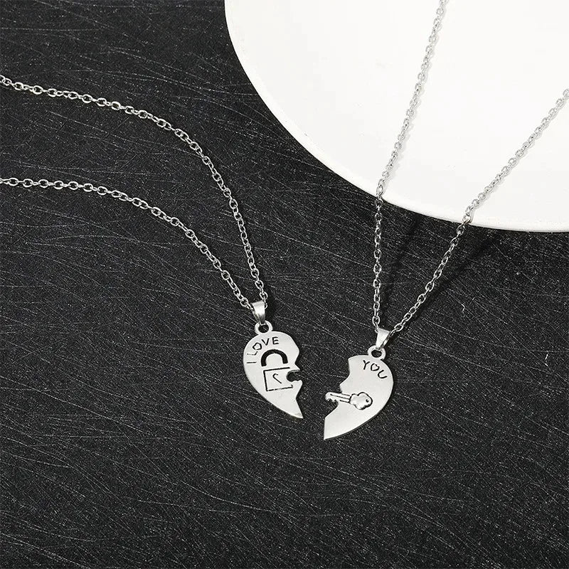 2pcs Couple Lock Key Heart Puzzle I Love You Pendant Couple Necklace Pendants Necklaces for Lovers Valentine's Day Jewelry Gifts