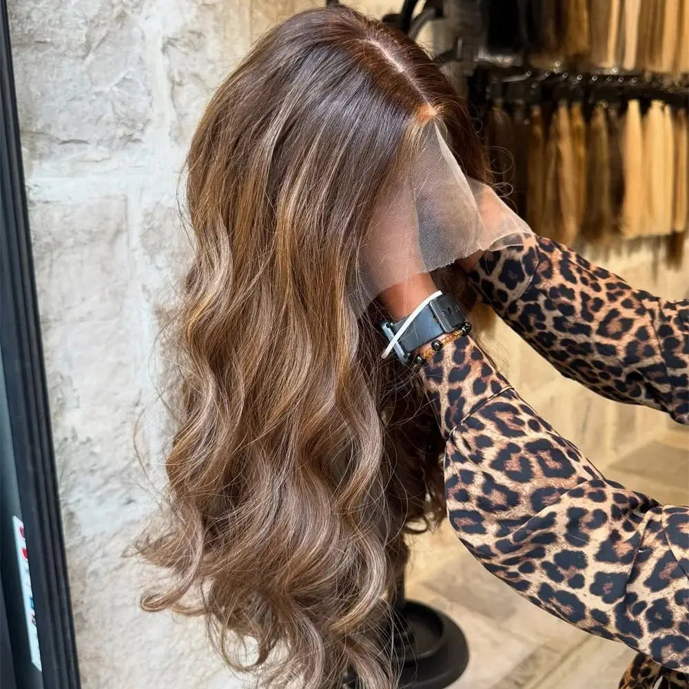 Glueless Lace Wig Wear and Go Synthetic Lace Front Wigs for Women Brown Highlights Body Wave Wig Middle Part Realistic Look
