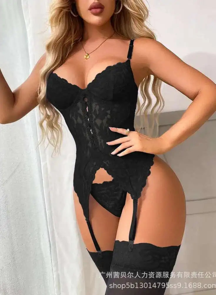Sexy Lace Flower Embroidery Bodysuits Sets Backless Wrap Chest Suspender Socks Sleeveless Charming Elegant Beautiful Charm JEYQ