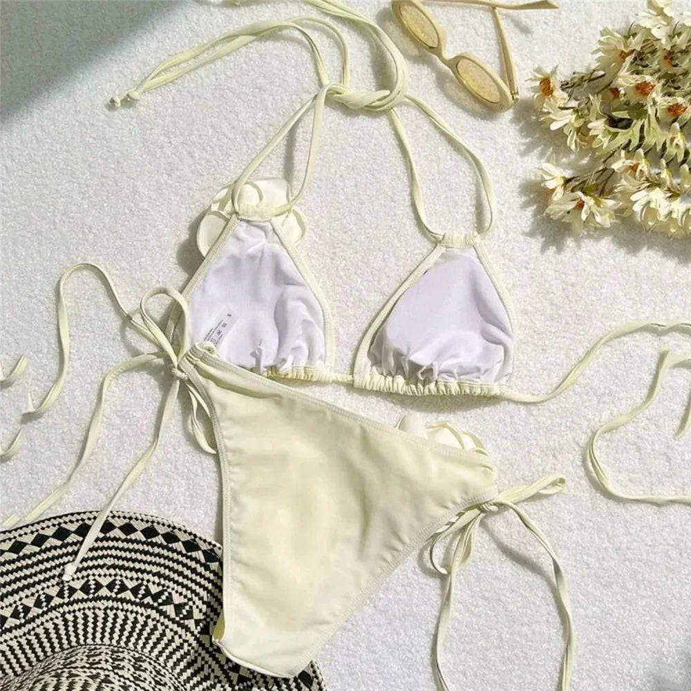 Sexy 3D Flower Black Triangle Bikinis Set Micro Thong Swimsuits Women String Halter Bathing Suit Bikini Mujer Biquinis Swim