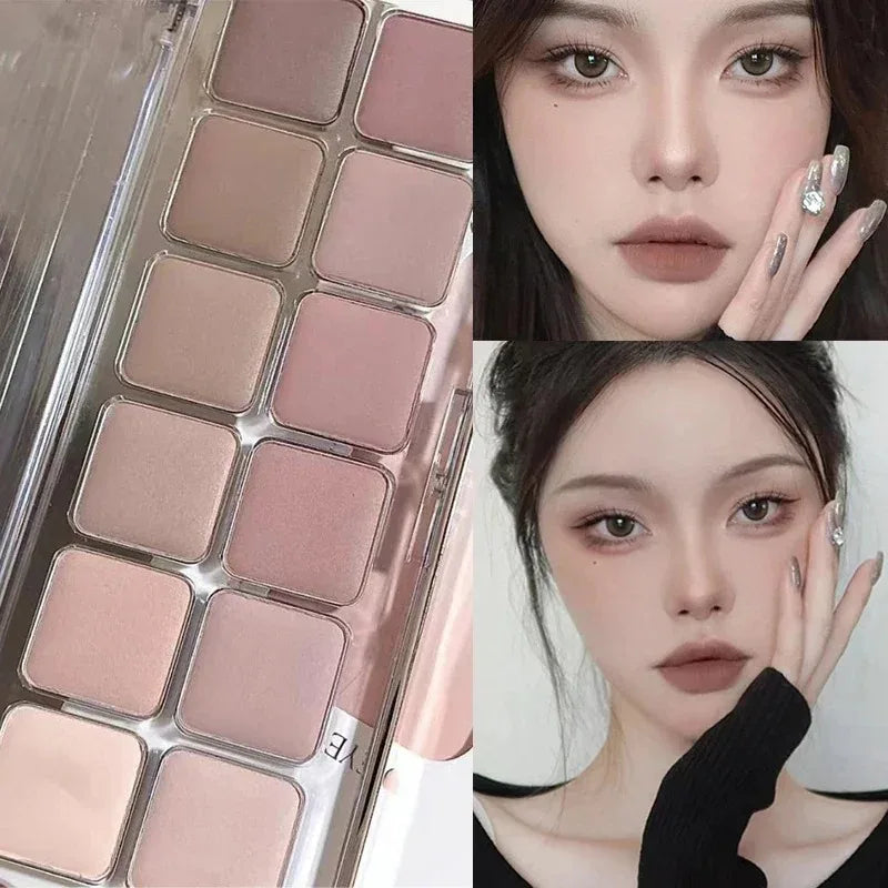 12-color low-saturation earthy pink-purple eyeshadow palette | Matte, pearlescent, and glitter textures | High color payoff