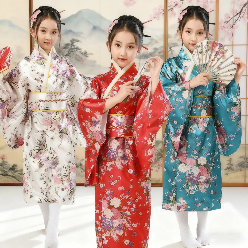 Kids Japan Style Sakura Floral Kimono Robe, Traditional Yukata Haori Elegant Dress for Cultural Performance Costume