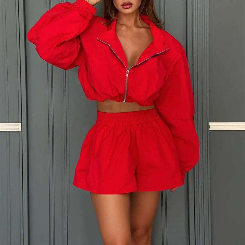 Women's Red 2 Piece Set Zip Up Long Sleeve Crop Top and High Waist Shorts Casual Summer Outfit Matching Set Streetwear Fashion