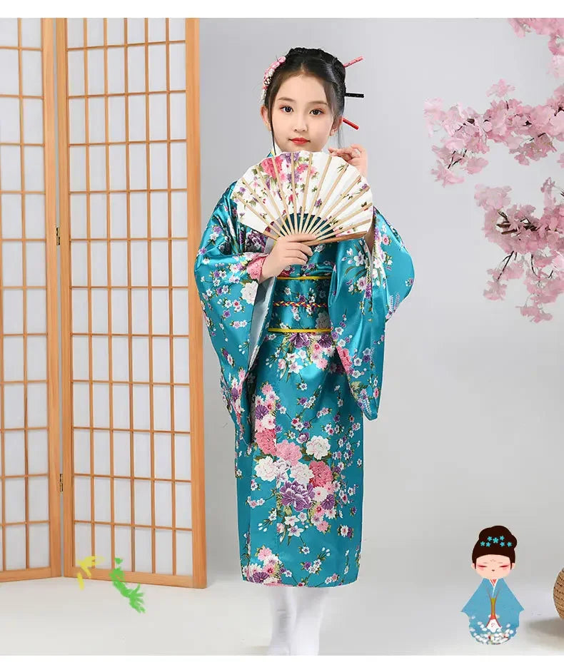 Kids Japan Style Sakura Floral Kimono Robe, Traditional Yukata Haori Elegant Dress for Cultural Performance Costume