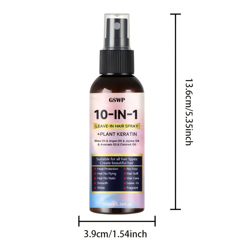GSWP 10-in-1 Leave-in Hair Spray contains Moroccan argan oil and castor oil, providing heat protection and deep moisturization.
