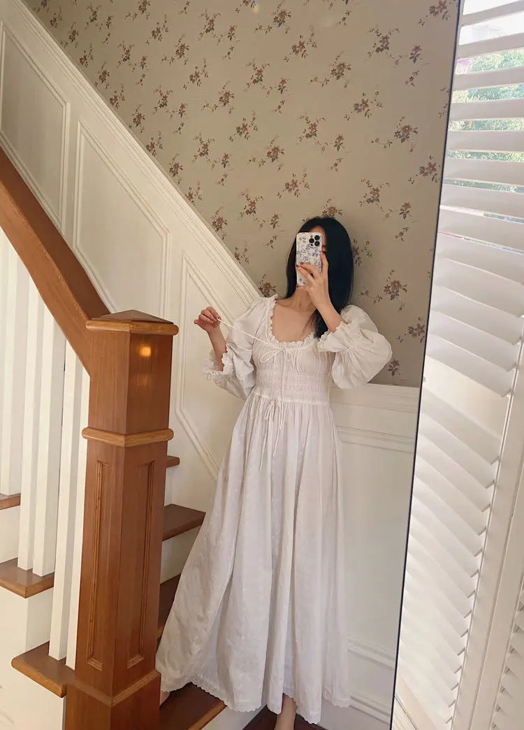 Women 100% Cotton Nightdress Embroidery French Beautiful Sleepwear Sweet Palace Retro Princess Vintage Nightgown Morning Robe