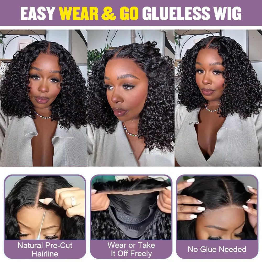 Human Hair Bob Pixie Cut Wig Double Knots Glueless Curly Water Wave 13x4 Pre-Cut Bleached No Glue Wig Remy 30s Easy Install