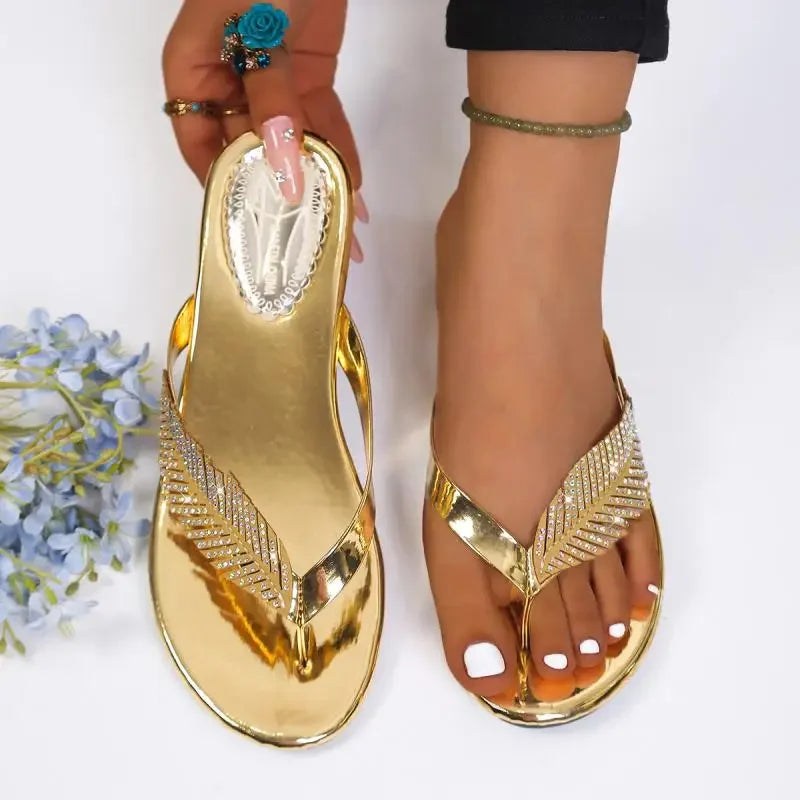 Rhinestone Leaves Clip Toe Sandals for Women Summer 2026 Low Square Crystal Heels Gladiator Shoes Slippers Woman Gold Flip Flops