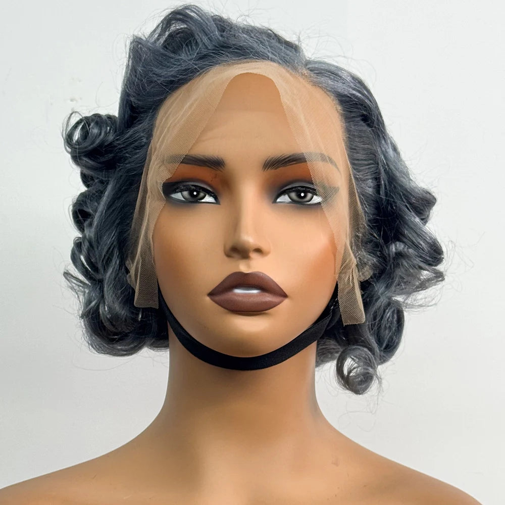 13x4 Transparent Lace Frontal Wigs Loose Bouncy Curly Human Hair Wig 250% Density Gray Short Wave Curly Wigs for Black Women