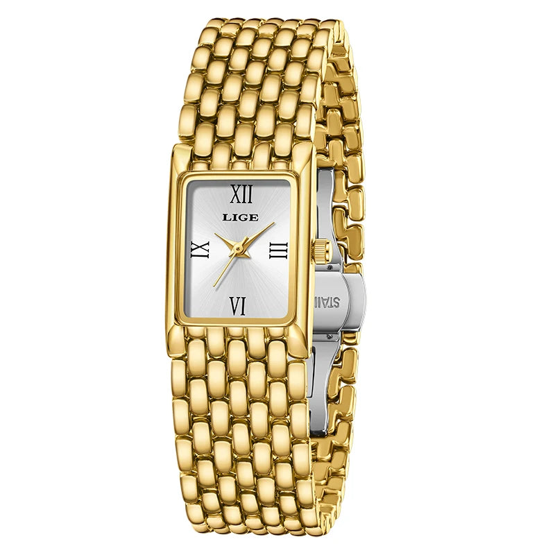 LIGE Silver Watch for Women Square Ladies Quartz Wristwatches Stainless Steel Women Small Gold Watch Luxury Casual Fashion Watch