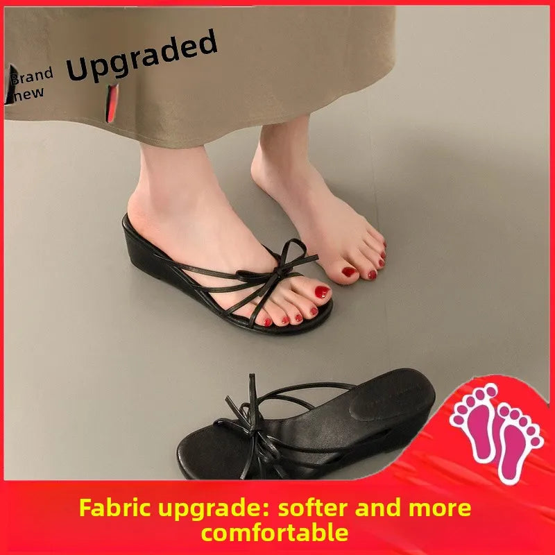 Women's Thick Heel Sandals Summer Outdoor Wear  Knot Slip-On Shoes Beach Vacation Heightening Beautiful Cool Sandals