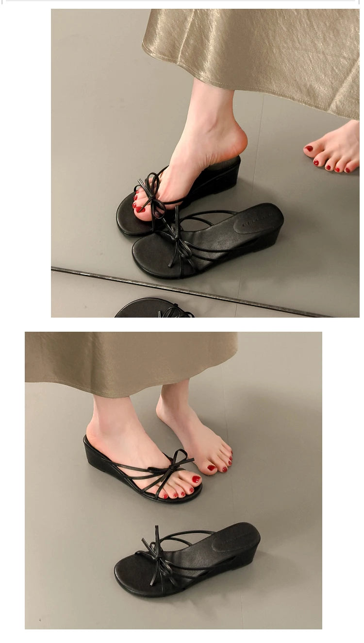 Women's Thick Heel Sandals Summer Outdoor Wear  Knot Slip-On Shoes Beach Vacation Heightening Beautiful Cool Sandals