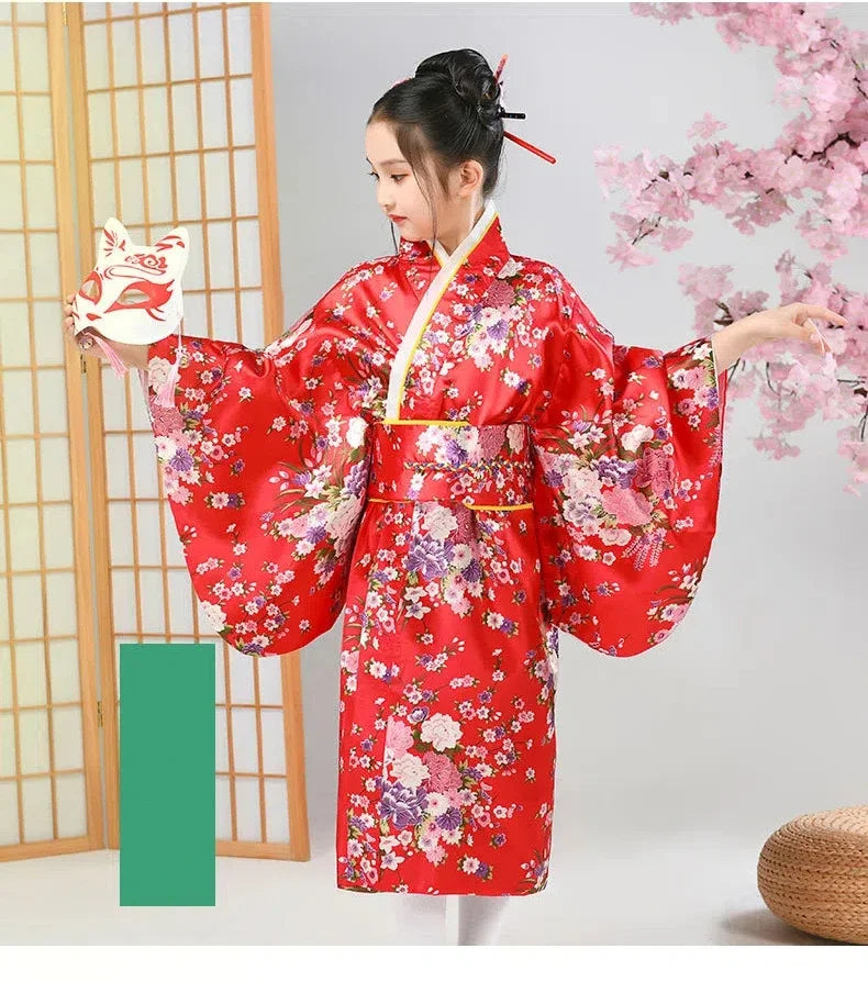 Kids Japan Style Sakura Floral Kimono Robe, Traditional Yukata Haori Elegant Dress for Cultural Performance Costume