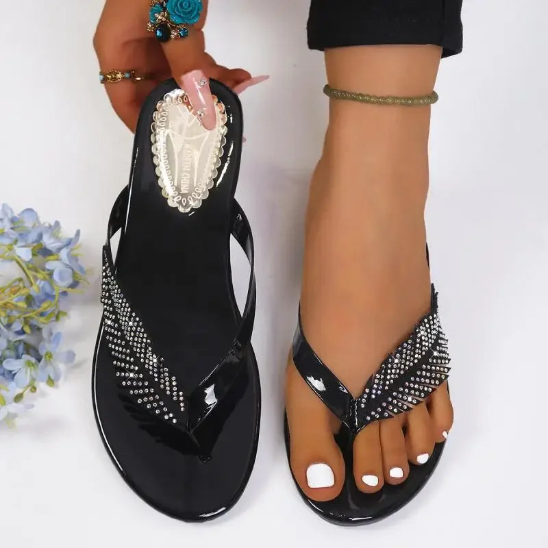 Rhinestone Leaves Clip Toe Sandals for Women Summer 2026 Low Square Crystal Heels Gladiator Shoes Slippers Woman Gold Flip Flops