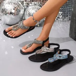 Blue Rhinestones Flat Sandals for Women Summer Bohemian Style Comfort Beach Shoes Woman Lightweight Clip Toe Roman Sandals