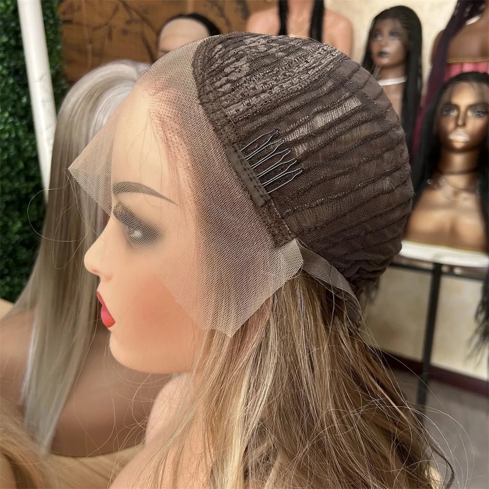 Glueless Lace Wig Wear and Go Synthetic Lace Front Wigs for Women Brown Highlights Body Wave Wig Middle Part Realistic Look