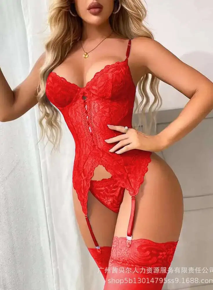 Sexy Lace Flower Embroidery Bodysuits Sets Backless Wrap Chest Suspender Socks Sleeveless Charming Elegant Beautiful Charm JEYQ