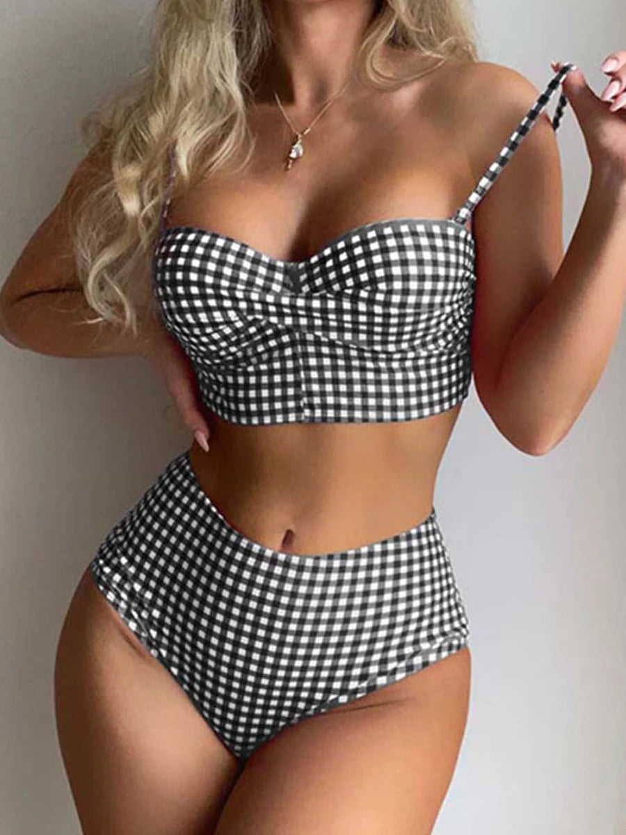 High Waist Bikinis 2026 Women Gingham Printed Swimwear Female Sexy Straped Swimsuit Female Padded Bathers Bathing Suit Beachwear