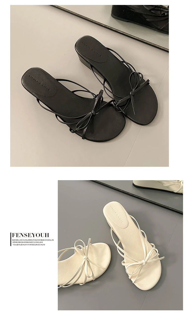 Women's Thick Heel Sandals Summer Outdoor Wear  Knot Slip-On Shoes Beach Vacation Heightening Beautiful Cool Sandals