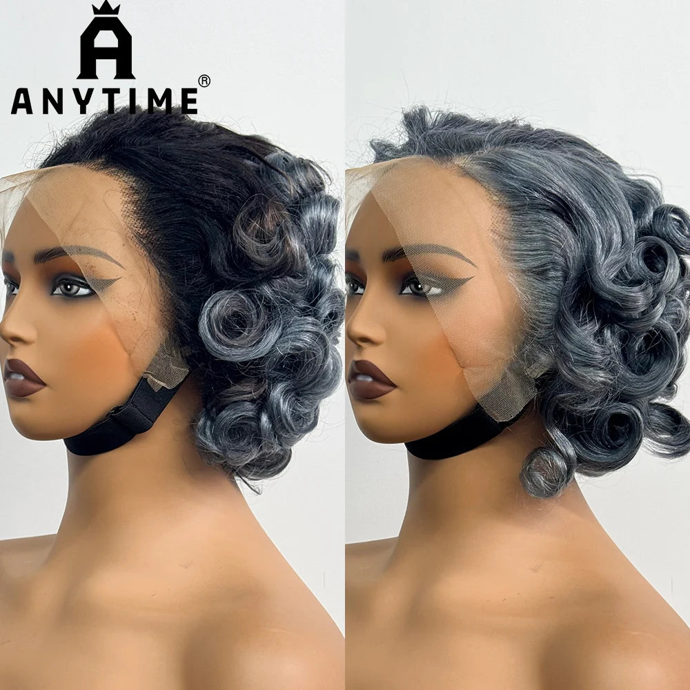 13x4 Transparent Lace Frontal Wigs Loose Bouncy Curly Human Hair Wig 250% Density Gray Short Wave Curly Wigs for Black Women