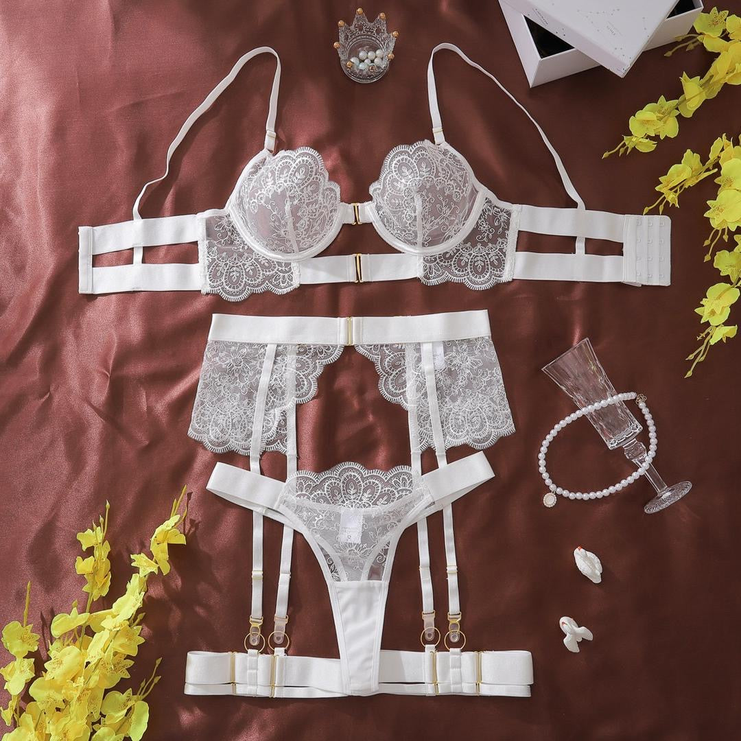 The Midnight Envie | Lace Lingerie & Garter Ensemble Satin Bow and Hardware Accents