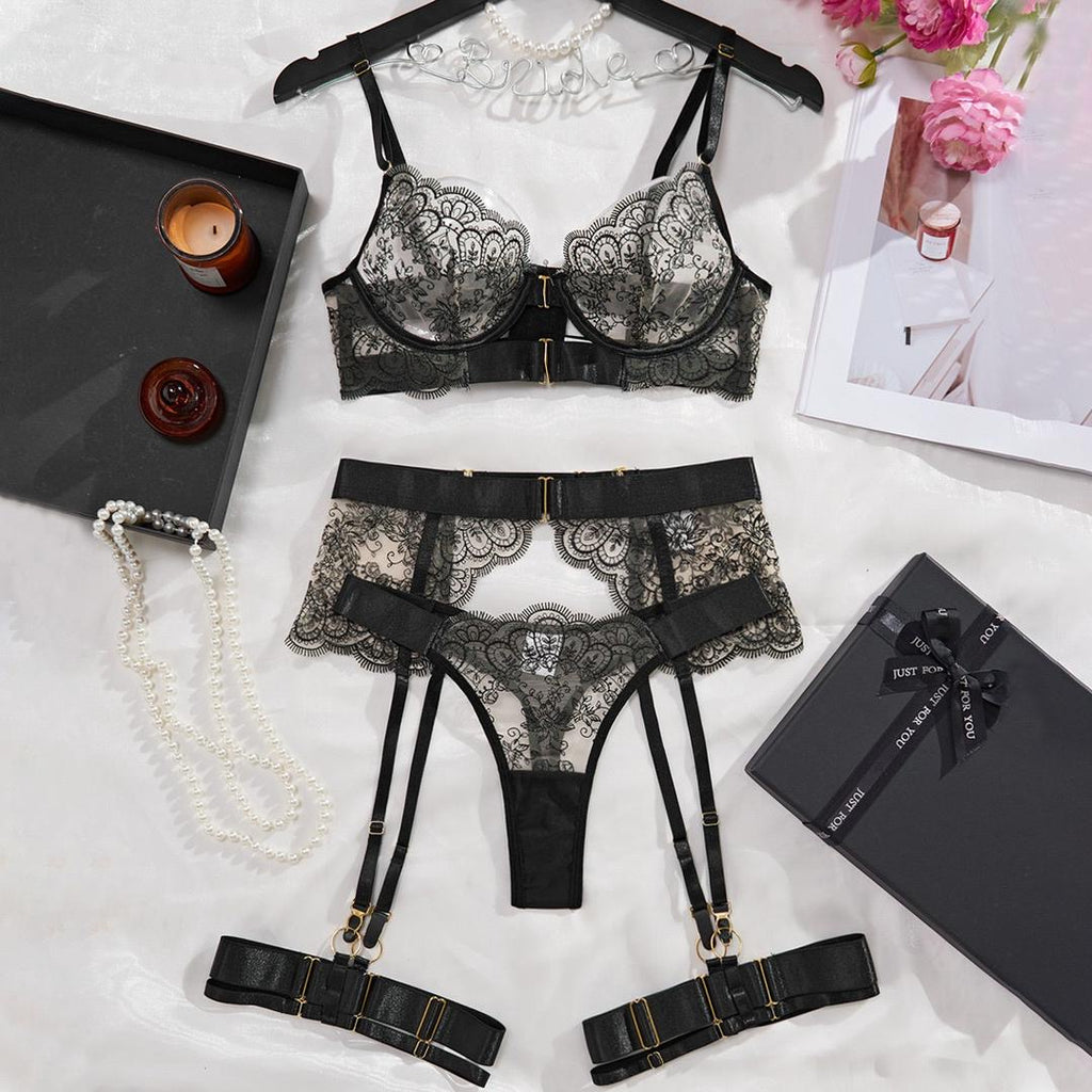 The Midnight Envie | Lace Lingerie & Garter Ensemble Lifestyle Flatlay for Lingerie Gift