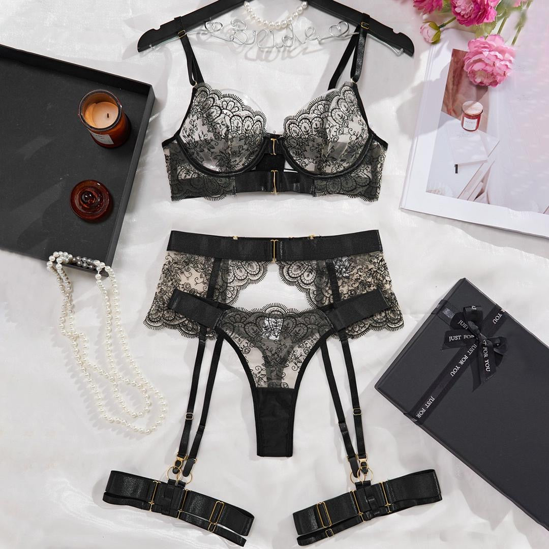 The Midnight Envie | Lace Lingerie & Garter Ensemble Lifestyle Flatlay for Lingerie Gift